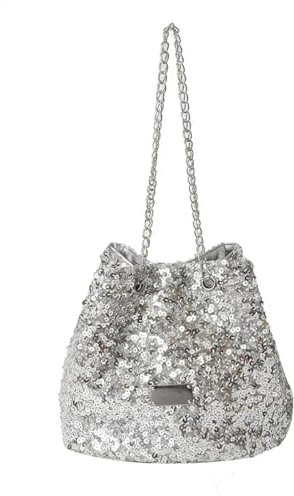 YUEZHAN Abendtasche Damen Clutch Mode Pailletten Damen Eimer Tasche Handtaschen Damen Cross Body Umhängetasche Trage Tasche Kette Messenger Tasche Lady Handtasche Sliver