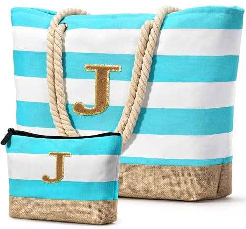 Becokan Strandtasche, Strandtasche mit Make-up-Tasche für Reisen, Arbeit, Aufbewahrung, personalisiertes Geburtstagsgeschenk für Frauen und sie, Cyanblau, 2 Stück, Large