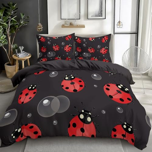 CozyRest Bettwäsche Set 135 x 200 cm Marienkäfer und Blasen Wendebettwäsche Drucken Bettbezug 3teilig mit Kissenbezug 80x80 cm, Dunkelgrau Bettwäsche Bettbezug mit Reißverschluss