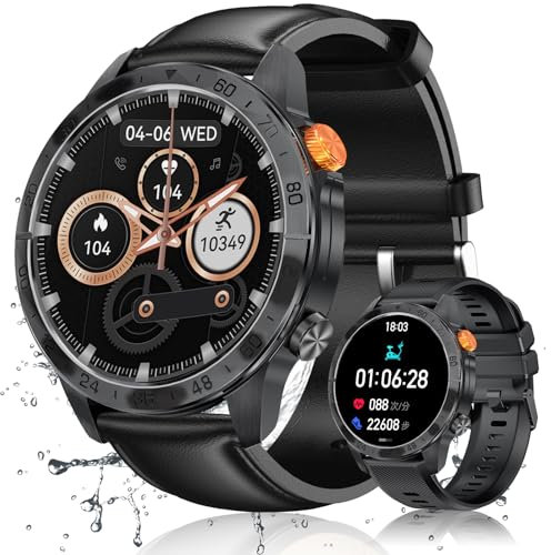 Loekneue New Smartwatch Herren mit Telefonfunktion,1,43 AMOLED Display 100+ Sportmode Armbanduhr mit IP68 Wasserdichter/Schrittzähler/SpO2 Schlafmonitor/Fitnessuhr für iOS Android (Leathers)