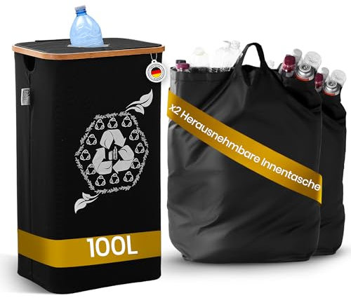 Wohnefy® 100 L Deposit Bottles Collection Container (Black) with Slot & 2 Carry Bags, Empty Bottle Collector for Household & Kitchen, Rubbish Bin with Lid, Deposit Container for Waste Glass & Empty