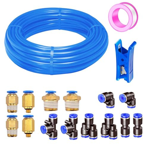 HAXIHA 10 Meter Bleu Tuyau Pneumatique Air Comprimé, Polyuréthane PU Air Tuyau Kit 8mm OD x 5mm ID 32.8ft, avec 14 Connecteur Pneumatique (Y/T/L/I)