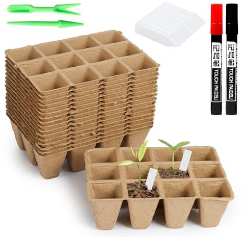 20Pcs Seed Trays 4cm, 240 Cells Biodegradable Plant Pots with Labels Kits, Compostable Square Seedling Transplanting Pots Recyclable for Greenhouse Plants Fruits Vegetables (16 x 11.5cm)
