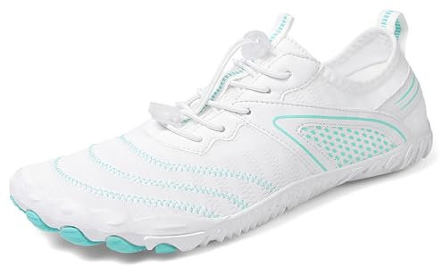 Teechodina Unisex Traillaufschuhe Herren Damen Wanderschuhe Barfußschuhe Laufschuhe Knit Sneaker Fitnessschuhe Fivefinger Zehenschuhe, A13- Weiß Blau, 39