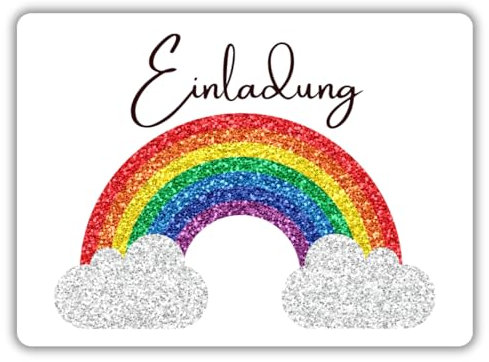 celebr8te 12x Einladungskarten mit Regenbogen Glitzer Motiv - Für den Kindergeburtstag von Mädchen - Bunte Geburtstagseinladungen inkl. Messenger Bild & Urlaubsgutschein