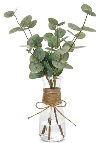 LuLobtg Artificial Eucalyptus Stems in Glass Vase 15inch Decorative Fake Plant in Vase Faux Greenery Eucalyptus Branches for Home Decor, Living Room, Bedroom, Office,Wedding Centerpiece