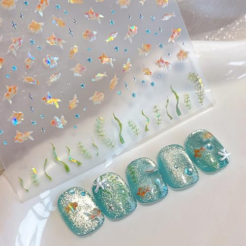 CharmBurst 2 Pack Self-Adhesive Nail Stickers with Shell Effect, Four-Pointed Star and Goldfish Design, Nail Decals for Fingernails, Nail Art Accessories for Gel Nails