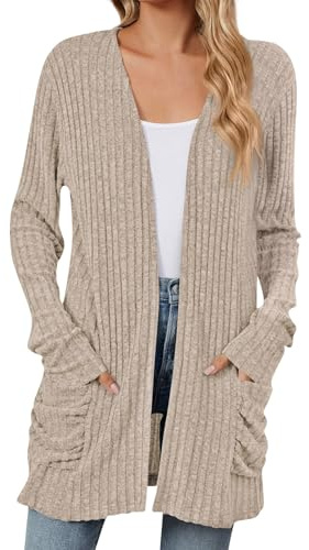 Strickjacke Damen Kurz Strickjacke Damen Lang | Cardigan Mädchen Leichte Langarm Strickjacken Herbst Strickmantel mit Taschen Ohne Knöpfe L B Khaki