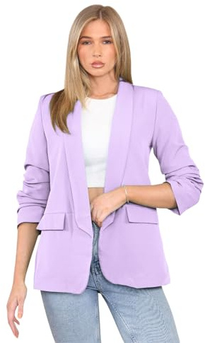 Hiffy Women's Ruched Sleeve Fully Lined Blazer Ladies Open Collared Casual Office Formal Jacket Top