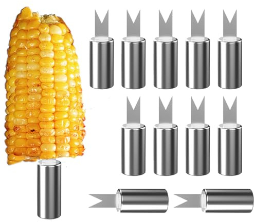 12PCS Corn on The Cob Skewers, Stainless Steel Sweetcorn Holders, Fruit Food Forks Sticks for BBQ Barbecue Grill Picnics Camping Party Kitchen Garden Hand Tools (Silver)