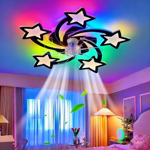 TuoyuanW Ceiling Fans with Lights RGB Remote Control App Chandelier Fan with Dimmable Reversible Fan Lamp 6 Speeds Quiet Timer Night Light Memory Function for Children's Room, Black