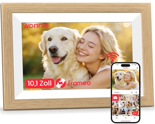 Frameo WLAN Digitaler Bilderrahmen 10,1 Zoll, HD 1280 * 800 IPS Touchscreen Elektronischer FotoRahmen mit 32GB Speicher, Auto Drehung, Einfache Weitergabe von Fotos Videos über Frameo App