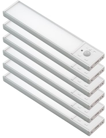 LUXULA 6 Stück LED Schrankbeleuchtung Bewegungsmelder 20cm, Silber | USB wiederaufladbar, magnetisch, 3CCT dimmbar 3000K 4500K 6000K für Kleiderschrank, Küche, Flur und Treppe, kabellos