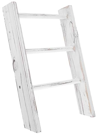 Scala Mini Portasciugamani Stile Rustico in Legno Bianco | Design Farmhouse Minimalista, per Bagno Country e Cucina, Struttura Decorativa Salvaspazio, Fori Casuali