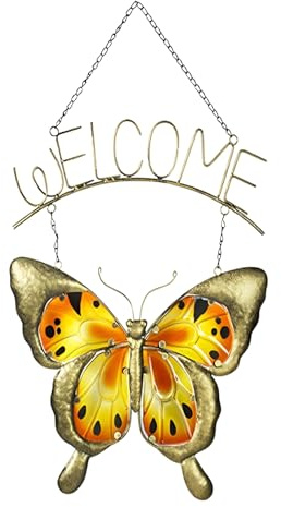 Deko-Schmetterling zum Aufhängen mit Welcome-Schriftzug aus Glas und Metall, Deko-Anhänger, Hängedeko, Willkommensdeko, Türschmuck, Fensterdeko hängend, Hängedekoration