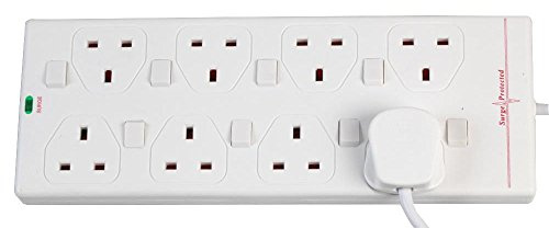 Ex-Pro 8 Gang Way 1m Metre 13A Mains Surge Protected Individually Switched Power Extension Socket Lead Cable White