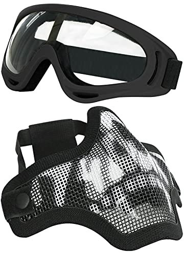 Airsoft Maske und Goggles Set, Half Face Full Steel Mesh Maske und Schutzbrillen für CS/Jagd/Paintball/Schießen (Schwarze Schädel Maske)