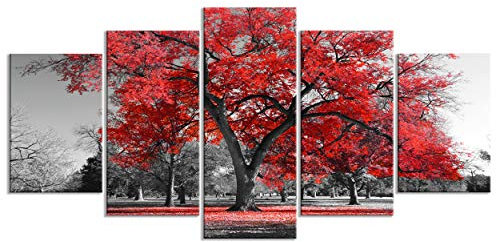decomonkey - Impression sur Toile Arbre 200x100 5 Pièces - Tableau Décoration Appartement Cadre en Bois Déco Salon Peinture sur Toile Maison Des arbres photographie automne paysage feuilles nature