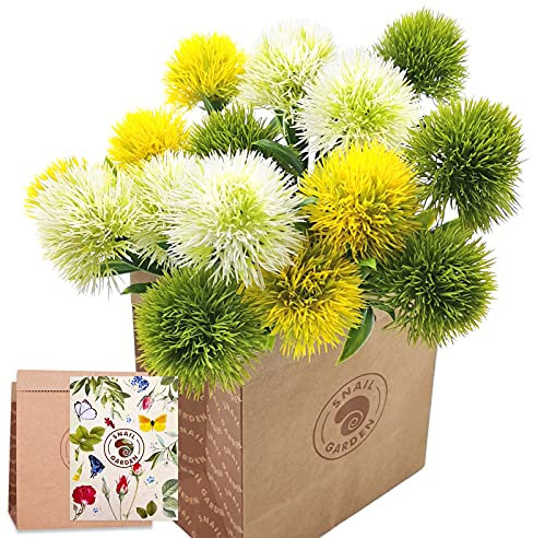 SNAIL GARDEN 15 STK Künstliche Löwenzahn, 3 Farben Löwenzahn Blumen Weiß/Grün/Gelb mit Grußkarte & Papiertüte, Künstliche Hortensie Blumen für Haus Geschenk Büro Dekor