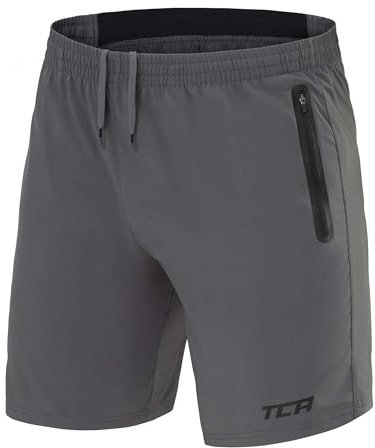 TCA Short Sport Homme Court - Short Homme Sport avec Poche Zipée - Bermuda de Running Léger Elite Tech Pas Cher - Vêtement en Polyester - Musculation - Fitness s - Gris, S
