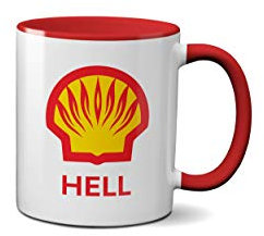 Tasse mit Hell Logo – lustige Parodie Benzin Diesel Station Feuerstelle Geschenkidee Keramikgriff Idee robuster Griff spülmaschinenfest und mikrowellengeeignet (roter Griff)