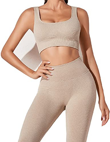 JN JANPRINT Workout-Outfits für Frauen 2-Teiliges Set,Nahtlos Yoga-Outfits Hohe Taille Leggings+Sport-BH Damen Trainingsanzüge Set(Khaki,M)