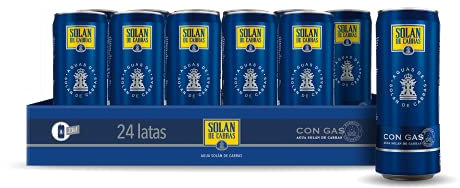 Solán de Cabras, Pack 24 Latas x 33 cl, Agua Mineral Natural Con Gas, Refrescante Con Sabor Burbujeante y Natural