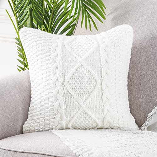 Mandioo Baumwolle gestrickte weiße dekorative Lumbar Wurf Kissenbezüge Weiche Gemütliche Kissenbezug Luxus Moderne Dekorativ Couchkissen Kissenhülle für Sofa Couch Wohnzimmer 60x60 cm