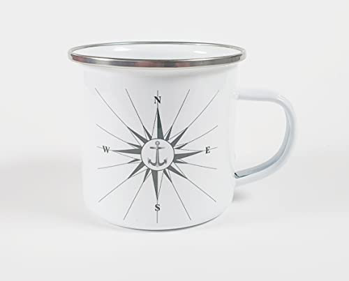 Emaille Becher Windrose Kompass grau Tasse Kaffee Becher Emaillebecher Metallbecher