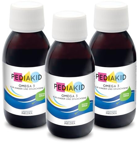 PEDIAKID - Omega 3 - Natürliche Nahrungsergänzung - Exklusive Formel mit Agavensirup - Reich an DHA - Fördert eine gute Gehirnfunktion - Zitronen-Cola Geschmack - 3er-Pack 125 ml Fläschchen