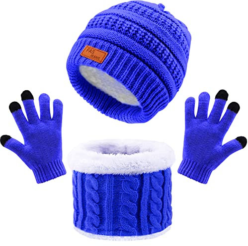 Winter Strickmütze Mütze Schal Handschuhe Set 3 in 1, Verdicken Thermisch Strickmütze Mütze, Schal, Touchscreen Handschuhe Sets, Winterzubehör-Sets Geschenke für Kinder im Freien (A2-10Blau, L)