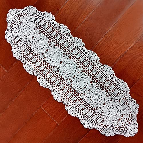 Phantomon Ovaler Spitzen-Tischläufer, Deckchen, Blumenmuster, Tischdecke, Möbeltuch, handgefertigt, gehäkelt, 100 % Baumwolle, Weiß, oval, 30,5 x 89,9 cm