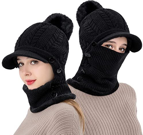 TAGVO Wintermütze Damen Schal Set, Winter warme Mütze Schal Set für Damen und Herren, Winter Warm Strickmütze&Halswärmer-Sets, Flexible Strickmütze mit Haarball für Frauen für Outdoor-Sportarten