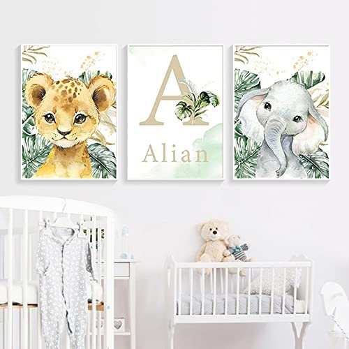 3 Personalisiert Name Kinder Wandbilder Junge Safari 30 x 40 cm Poster Kinderzimmer Tiere Dschungel Löwe Elefant Bilder Babyzimmer Jungen Bild Mädchen Zimmer ohne Rahmen