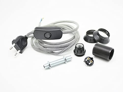 Lampenfassung E14 Set – Textilkabel, Gewinderohr & Fassungsteile – Schwarz – Hanna's Laden – DIY Lampe – Elektrofassung zur Selbstmontage – Inkl. Montageanleitung