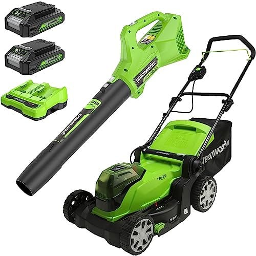 Greenworks Tosaerba senza fili + soffiatore a batteria assiale (145 km/h, 9 m³/min) per prati fino a 220 m², larghezza di taglio 41 cm, borsa da 50 l, due batterie da 2 * 24V 2 Ah e caricatore doppio