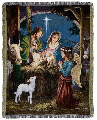 Christian Brand Gobelin-Überwurf, Motiv: Heilige Familie, Baumwollmischung, Wurfdecke, Decke, Krippe, Queen