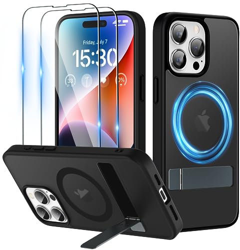 Niunisi Magnetic Case for iPhone 15 Pro Max Case with Stand, Slim Kickstand with Screen Protector Compatible with Magsafe Shockproof Translucent Matte Cases Phone Case Cover 6.7-Inch (2023), Black