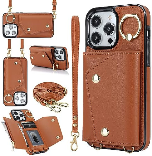 PRIVHOM Crossbody Case for iPhone 14 Pro Cover, Leather Crossbody Wallet Phone Case with Adjustable Removable Lanyard Strap,Cord Lanyard Shockproof Protective Case Brown