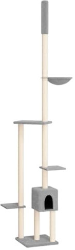 vidaXL Floor to Ceiling Cat Tree - Light Grey Scratch Tower with Sisal Posts - Adjustable Height 258.5-284.5cm