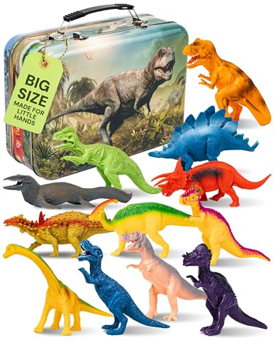 PLAYVIBE Dinosaur Toys - 12 Realistic 9-Inch Models, Multi-Color, Metal Storage Box - Dinosaur Figures & Action Figures for Kids Ages 3-7 - with Metal Storage Box - for Boys & Girls
