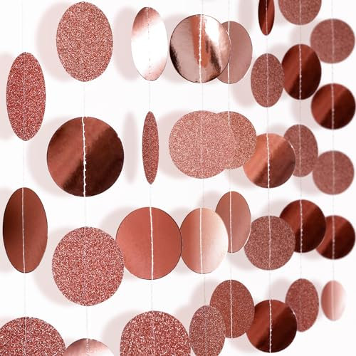G2PLUS Rose Gold Reflective Paper Garland, 16M Circle Dots Garlands, Polka Dots Hanging Streamer, Paper Garland Party Decoration for Birthday Party, Bridal Shower, Wedding, Graduation