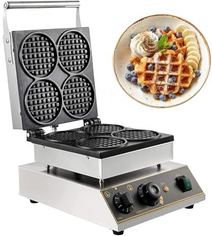 PJDDP Commercial Waffle Maker, 1750W 4PCS Non-stick Round Belgian Waffle Iron with Temp and Time Control, Professional Electric Waffle Baker Machine for Bakery,Restaurant,Hotel,Snack Bar,Cafes