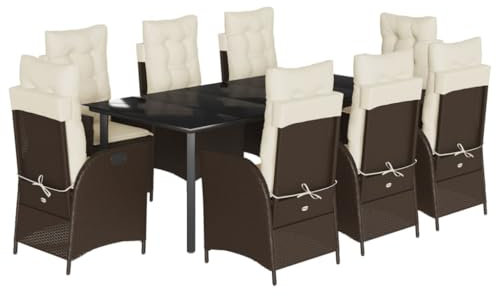 vidaXL Garten Essgruppe 9-TLG., Gartenmöbel Set Tisch mit 8 Stühle, Gartengarnitur mit Kissen, Sitzgruppe Essgarnitur Terrasse, Braun Poly Rattan
