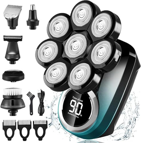 Lovcoyo Rasoir Tete Chauve Homme,Rasoir 8D Amélioré pour Hommes Chauves, rasoir électrique humide/sec étanche IPX7,6 en 1 Tondeuse Crane Chauve Rotative avec Écran LCD(Bleu)