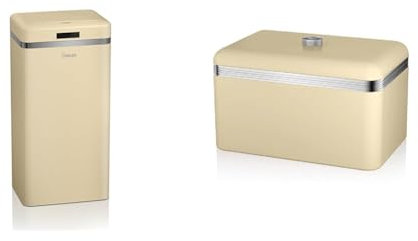 SWAN SWKA4500CN Retro Kitchen Bin with Infrared Technology, Square, Cream, 45 Litre & SWKA1010CN Retro Bread Bin, Metal, 18 Litre, Cream
