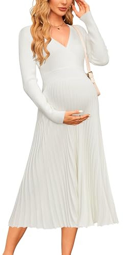 OUGES Strickkleid Damen Winter Kleid Weißes Lang Winterkleid Elegant Herbstkleid Langarm Pulloverkleid für Herbst