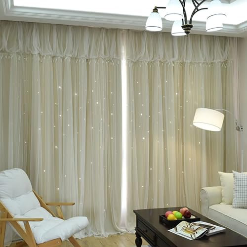 Daesar Schiebengardinen Blickdicht 2er Set 107x147CM, Verdunklungsvorhänge mit Ösen Fantastisch Doppellagig mit Sternen Motiv Beige Gardinen Vorhänge Kinderzimmer Schlafzimmer