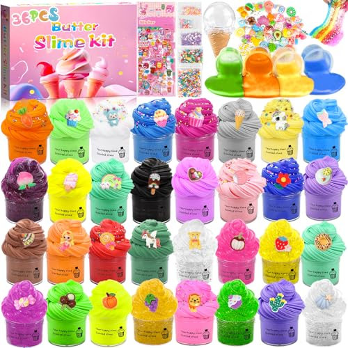 Vleuexe Kit Slime Fluffy pour enfants,36 pcs Mini Slime kit Butter Slime Breloques de Mini Slime,Cotillons de Slime Parfumés,Jouet de Mastic Anti-Stress le Slime de Bricolage Déjà Fait Cadeau Jouet