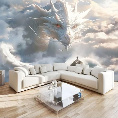 Cartoon-Stil Fototapete 3D Effekt Bergweißer Drache Fototapeten Wandbild Motivtapeten Vlies-Tapeten Moderne Wandtapete Wand Schlafzimmer Wohnzimmer Dekoration B350 x H256 cm